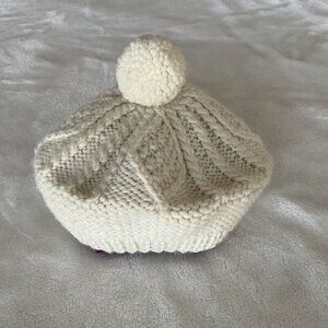 Aran Woolen Mills Beret Hat Kids Girls Ivory Merino Wool Pom Pom Top Knit Irish